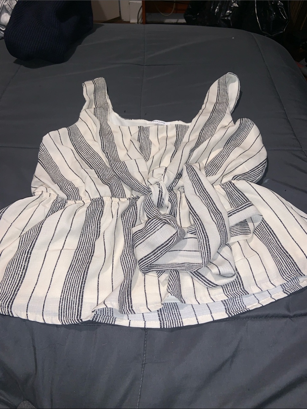Persaya White & Black Striped Knot-Front Peplum Camisole
